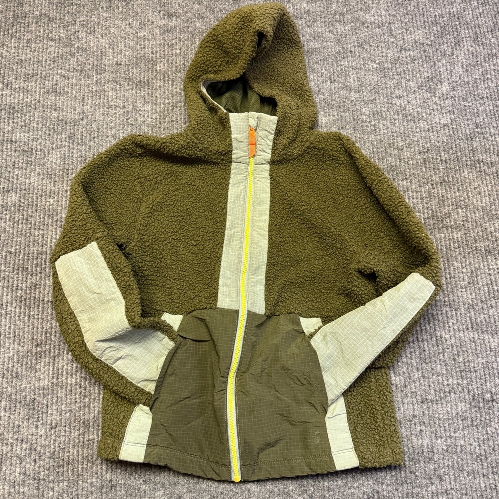 Russell Sherpa Fleece Hoodie Large 10-12 Olive Green Ripstop Trim Full Zip Boys